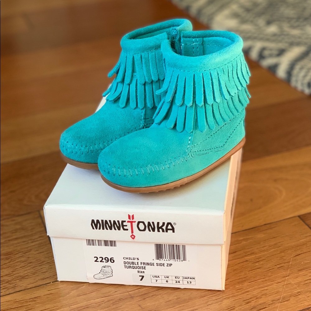 Child’s Turquoise Double Fringe Minnetonka Boots